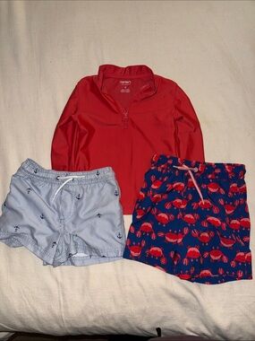 Carter's Red Long Sleeve Rash Guard with Nautical Swim Shorts Set